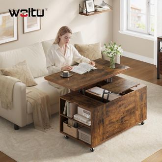 Woltu Woltu Mesa De Centro Doble Elevable, Moderna, Con Caj&oacute;n, Espacio De Almacenamiento Y Ruedas, Para Sof&aacute; De Sala, Marr&oacute;n R&uacute;stico