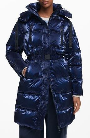 Desigual Iridescent Puffer Longline Hooded Coat in Blue at Nordstrom Rack, Size Large