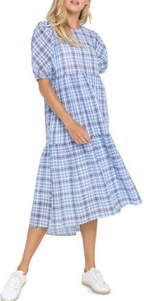 English Factory Check Tiered Midi Dress in Blue at Nordstrom Rack, Size X-Small