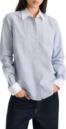 Good American The Oxford Contrast Striped Shirt in Slate Blue Stripe at Nordstrom, Size X-Large