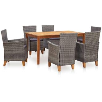 vidaXL Set De Comedor 7 Pzas Rat&aacute;n Sint&eacute;tico Madera Maciza Acacia Gris Vidaxl