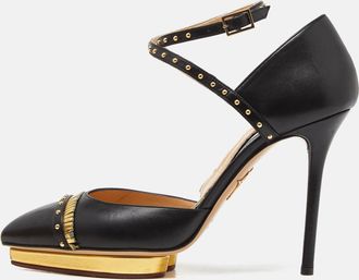 Charlotte Olympia Black Leather Studded Pointed Toe Ankle Strap Pumps