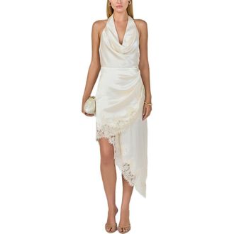 endless rose Lace Satin Asymmetric Halter Midi Dress in Champagne at Nordstrom, Size X-Small
