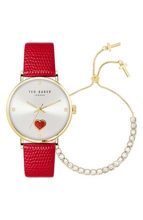 Ted Baker Phylipa Leather Strap Watch & Bracelet Set, 34mm in Yellow Gold/Silver/Red at Nordstrom