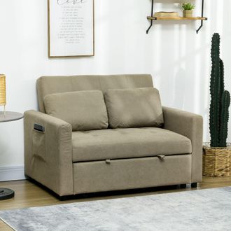 HOMCOM 2 Seater Sofa Bed Convertible Bed Settee with Cushions, Pockets in Brown