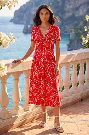 Roman Floral Print Twist Front Stretch Dress