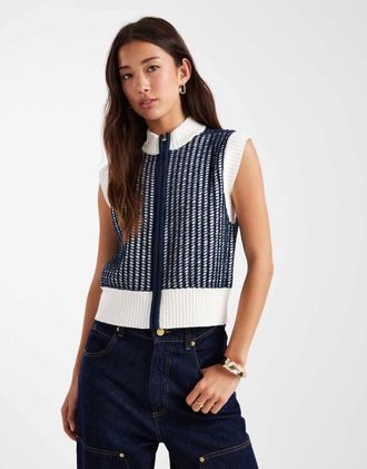 French Connection Gilet in maglia blu navy e bianco a contrasto con zip-Multicolore