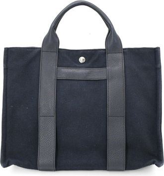 Herm&egrave;s Navy Canvas Leather Handbag Tote Bag (Pre-Owned)
