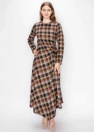 YAL New York Plaid Wrap-Front Dress in Camel