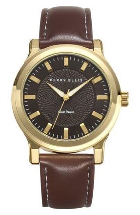Perry Ellis Solar Faux Leather Strap Watch in Gold/Black at Nordstrom Rack
