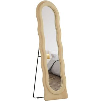 HOMCOM Homcom - Espejo De Cuerpo Entero 160x50 Cm Espejo De Pie O De Pared Dise&ntilde;o Ondulado Marco Con Tela De Terciopelo Para Sal&oacute;n Dormitorio Beige