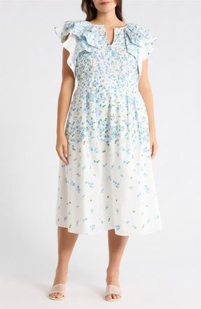 Sugarlips Floral Ruffle Flutter Sleeve Cotton Midi Dress in White Blue Green at Nordstrom, Size 1 X