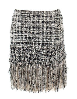 Chanel Black and White Tweed Mini Skirt with Fringe Hem Size XS
