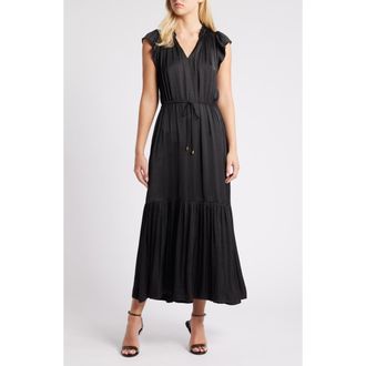 Steve Madden Osiris Tiered Split Neck Cap Sleeve Tie Waist Maxi Dress in Black at Nordstrom Rack, Size Large