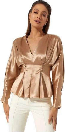 Acler Gouden Zijden Blouse met Decoratieve Knopen - Dames - Blouses - Beige - XS - Leer - Overhemden