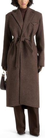 Mani&egrave;re De Voir Jena Wide Shoulder Wool Coat with Cinch Belt in Brown at Nordstrom, Size Large