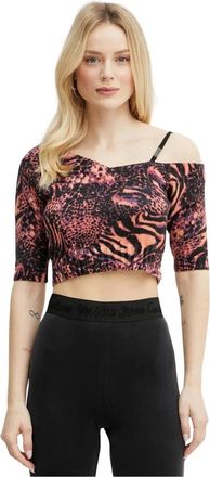 Versace Jeans Couture Top met &eacute;&eacute;n schouder en dierenprint - Dames - Blouses - Veelkleurig - L - Katoen - Overhemden