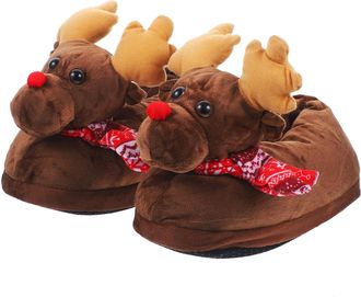 Kesyoo Plush Christmas Slippers for Women and Men Size M 35-39 Coffee Warm Slippers for Indoor Reindeer Design Comfortable Footwear for Winter and Home