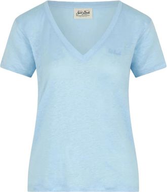 MC2 Saint Barth Eloise V-neck Linnen T-shirt - Dames - T-shirts - Blauw - S - Linnen - Tops