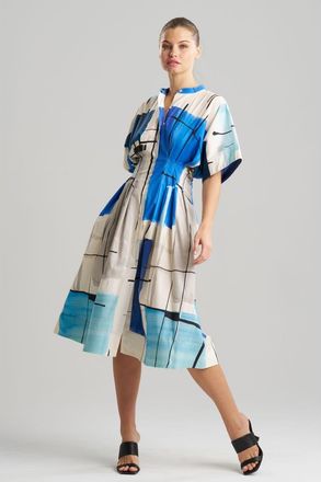 Natori Sorairo - Printed Cotton Poplin Pleat Release Button Down Dress in Blue/grey at Nordstrom, Size 10