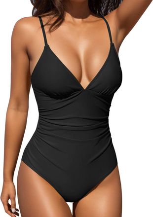 Generic Swimsuit Womens Tummy Control Monokini Womens Sexy Swimsuits Black One Piece Swimwear Push Up Monokinis Swimwear Green Blue Plain V Neck Swimwear Teen