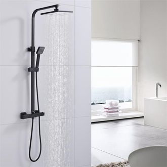 HOMELODY Homelody - Columna De Ducha Termost&aacute;tica De Lat&oacute;n Negro Mate Con Altura Ajustable - Conjunto De Ducha Completo