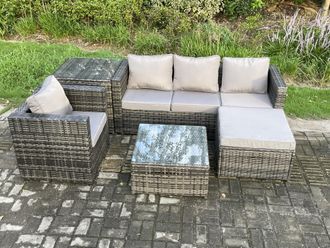 Fimous Rattan Garden Furniture Set 5 Seater Patio Outdoor Lounge Sofa Set with Side Table Square Coffee Table Big Footstool Dark Grey Mixed
