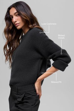 Alo | Wool Cashmere Ribbed Noble Crewneck Sweater Top in Black, Size: Medium