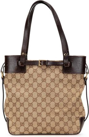 Gucci Beige Brown Canvas Leather Handbag Tote Bag (Pre-Owned)