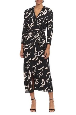 Donna Morgan Long Sleeve Abstract Wrap Dress In Black Blush