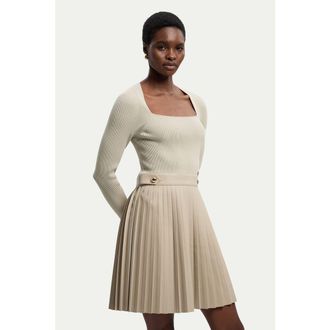 Karen Millen Square Neck Pleated PU Skirt Mini Dress in Stone at Nordstrom, Size X-Small