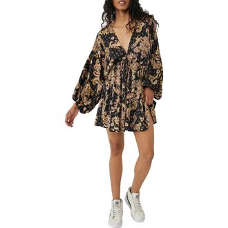 Free People Arzel Print Long Sleeve Minidress in Black Combo at Nordstrom, Size Small