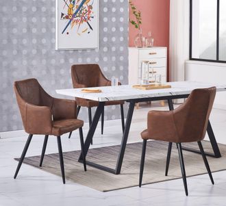 Life Interiors Life Interiors - Juego De Comedor Toga Lux Zarah: Mesa De Comedor Extensible Blanca Y Juego De 4 Sillas De Comedor De Cuero Marr&oacute;n - Comedor Cocina