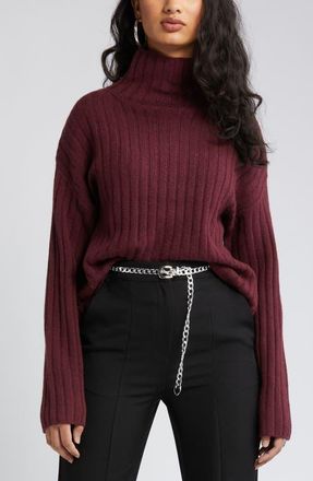 Open Edit Womens Cotton Blend Rib Funnel Neck Sweater in Burgundy London at Nordstrom, Size Small