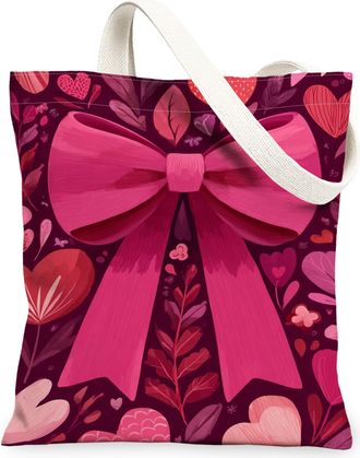 Generic ValentineS Floral Canvas Tote Bag, Heart Pattern Reusable Grocery Bags, Lightweight Washable Shoulder Strap Canvas Bags Fo, Peach, 13x15 Inch