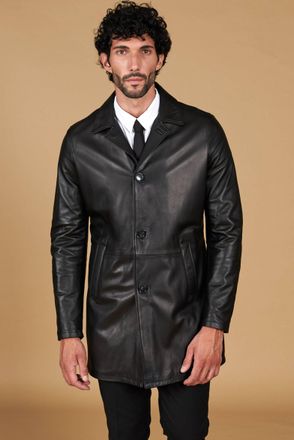 D'Arienzo Cappotto in pelle nera nappa effetto liscio collo giacca DArienzo, Seleziona Taglia 46, Colore Nero