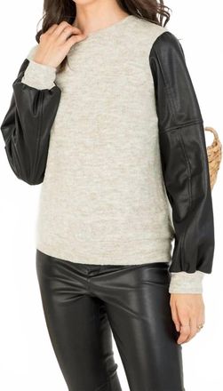 THML Clothing Knit And Leather Long Sleeve Top In Black/beige