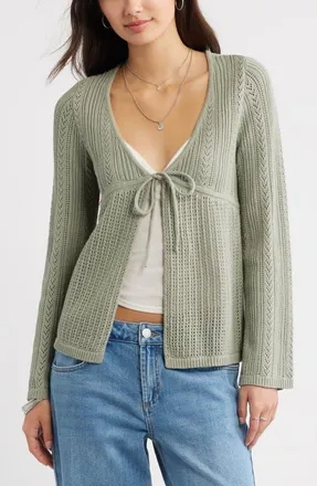 BP. Openstitch Tie Front Cotton Blend Cardigan in Green Halo at Nordstrom, Size Xx-Small