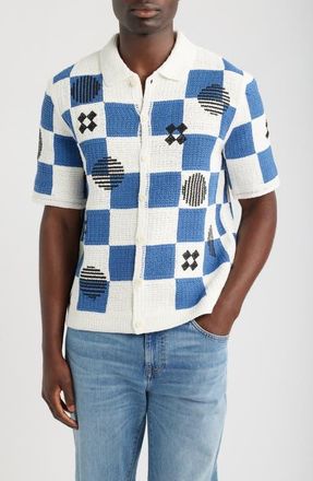 Wax London Porto Check Embroidered Cotton Crochet Polo in Ecru/blue at Nordstrom, Size X-Large