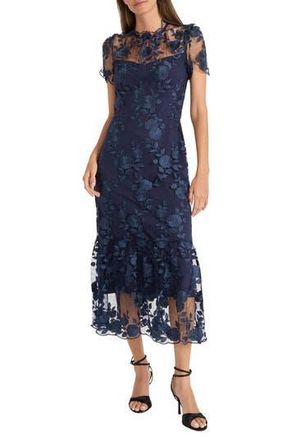 Maggy London Embroidered Floral Overlay Cocktail Dress in Twilight Navy at Nordstrom Rack, Size 2