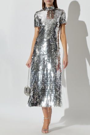 Self Portrait Sequin Dress With Turtleneck, Womens, Silver