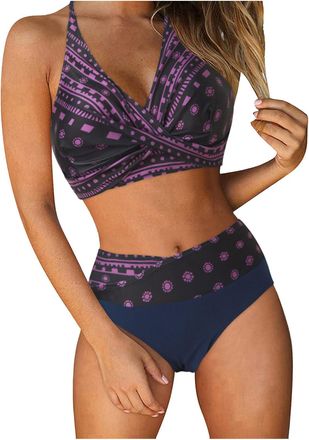 Generic Womens Two Piece Swimsuits Wrap Front Bikini High Waisted Bikini Bottom Bathing Suits with Adjustable Straps Vintage Print Swimwear Ladies Bikini Set 