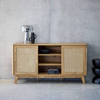 Sweeek 150cm Sideboard With Wood & Cane Effect 2 Sliding Doors in Light Brown