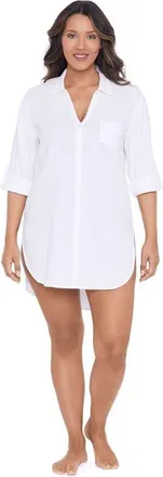 Trimshaper Button-Down High-Low Beach Shirt Coverup in White at Nordstrom, Size Large