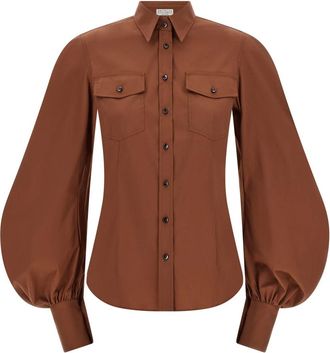 Brunello Cucinelli Stretch Cotton Poplin Shirt - Dames - Overhemden - Bruin - M - Katoen - Overhemden