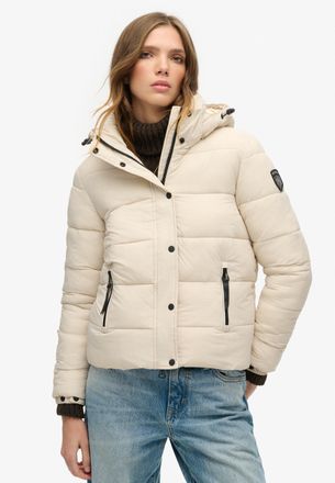 Superdry Steppjacke SUPERDRY FAUX FUR SHORT HOOD PUFFER, Damen, Gr. S, grau (rainy day grau), Web, Obermaterial: 100% Baumwolle, unifarben, elastischer Bund, J