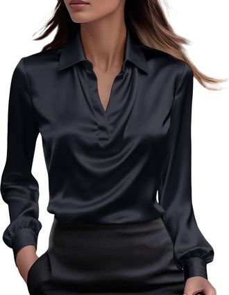 Generic Satin Blouses for Women V Neck Lapel Long Sleeve Elegant Shirts Ladies Dressy Business Casual Work Tops(Black, M)