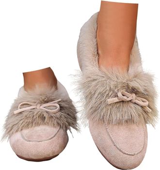 Generic Womens Slip On Suede Loafers Winter Warm Fleece Lined Flat Driving Shoes Round Toe Business Casual Work Flats Walking Loafer Cozy Slippers Plush Non-S
