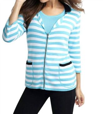 Angel Colorblock Striped Cardigan In White/turquoise