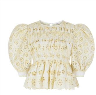 Manoush Floral Broderie Smocked Blouse In White